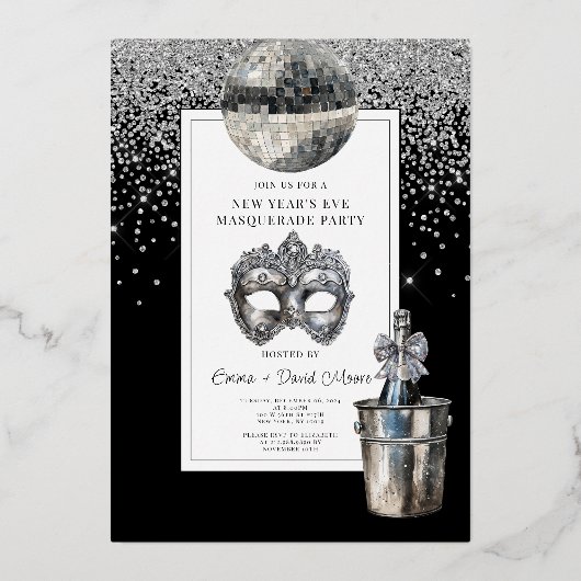 Zilveren Discobal Nieuwjaarsfeest Folie Uitnodiging (Voorkant)