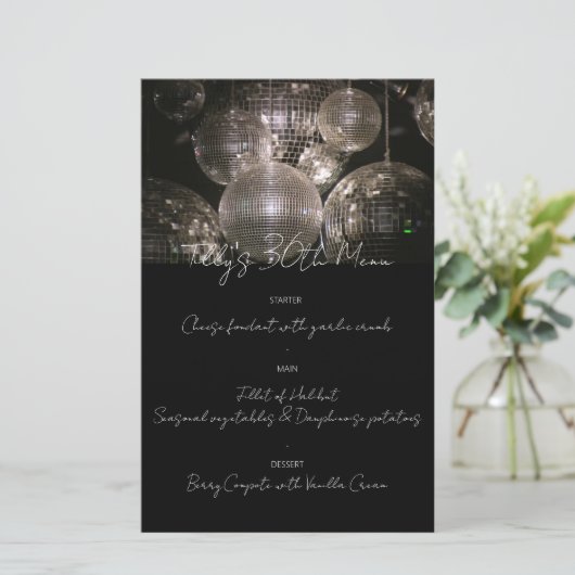 Zilveren discobal verjaardag diner menu (Staand voorkant)