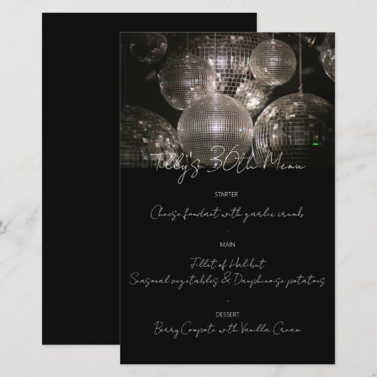 Zilveren discobal verjaardag diner menu (Voorkant / Achterkant)