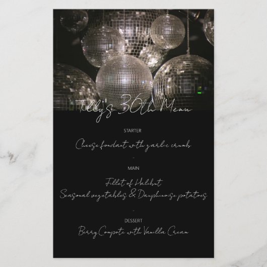 Zilveren discobal verjaardag diner menu (Voorkant)