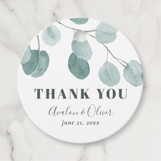 Zilveren Dollar Eucalyptus Bruiloft Dank u Bedankjes Labels (Voorkant)