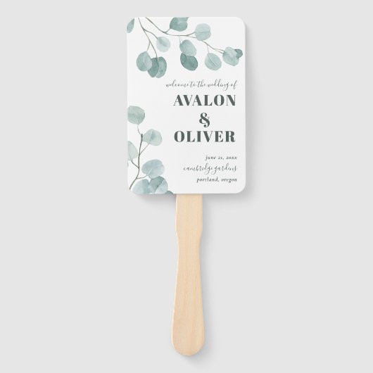 Zilveren Dollar Eucalyptus Dank u bruiloft Handwaaier (Voorkant)