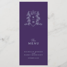 Zilveren donkere paarse kroonkam monogram bruiloft menu