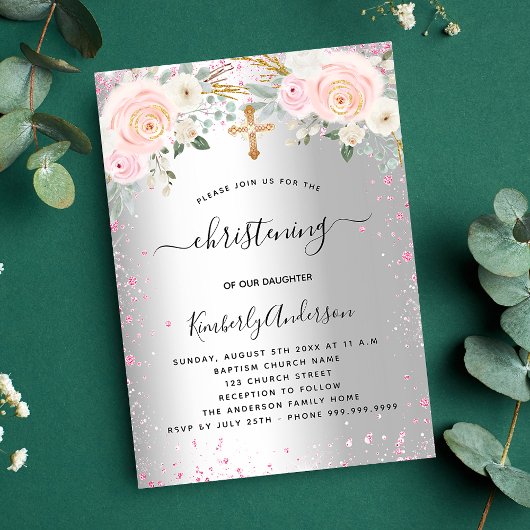 Zilveren doop roze bloemen glitters meisje uitnodiging briefkaart