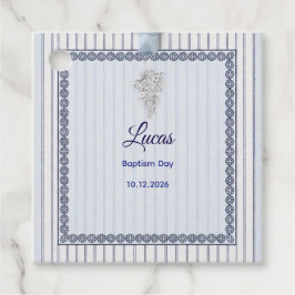 Zilveren Doopkruis met Blauwe Gestreepte Kant Bedankjes Labels