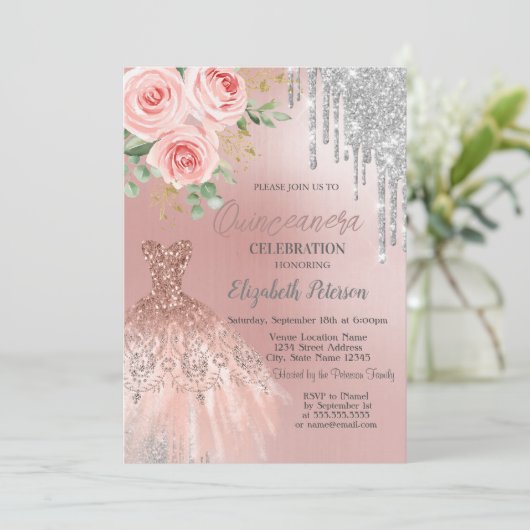 Zilveren, dress, roze rozen Quinceanera Kaart (Staand voorkant)