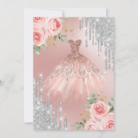 Zilveren, dress, roze rozen Quinceanera Kaart (Achterkant)