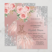 Zilveren, dress, roze rozen Quinceanera Kaart (Voorkant / Achterkant)