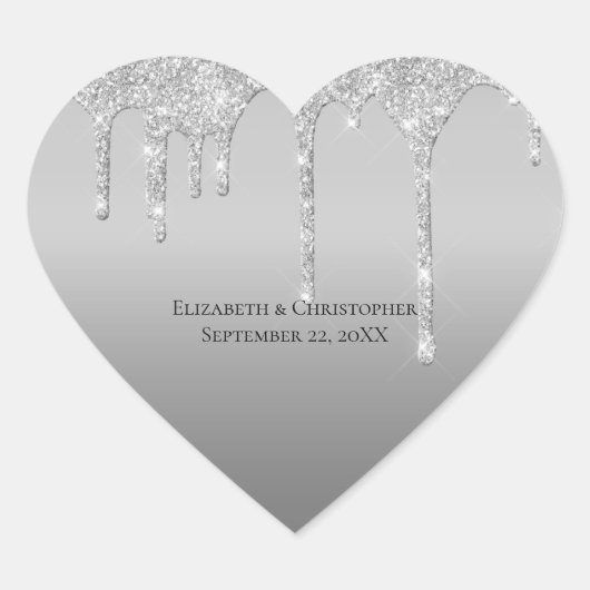 Zilveren Dripping Glitter Glam Elegant Bruiloft Hart Sticker (Voorkant)