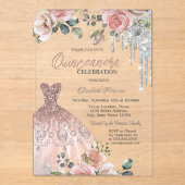 Zilveren druppels, jurk, Rozen roze quinceanera Acryl Uitnodigingen (Voorkant)