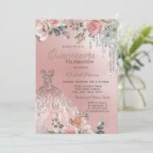 Zilveren druppels, jurk, Rozen roze quinceanera Kaart (Staand voorkant)