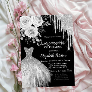 Zilveren druppels, jurk Rozen Zwarte Quinceanera Kaart