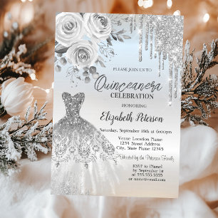 Zilveren druppels, jurkrozen zilver Quinceanera Kaart