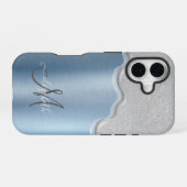 Zilveren druppels monogram blauw metallic iPhone 16 hoesje (Achterkant horizontaal)