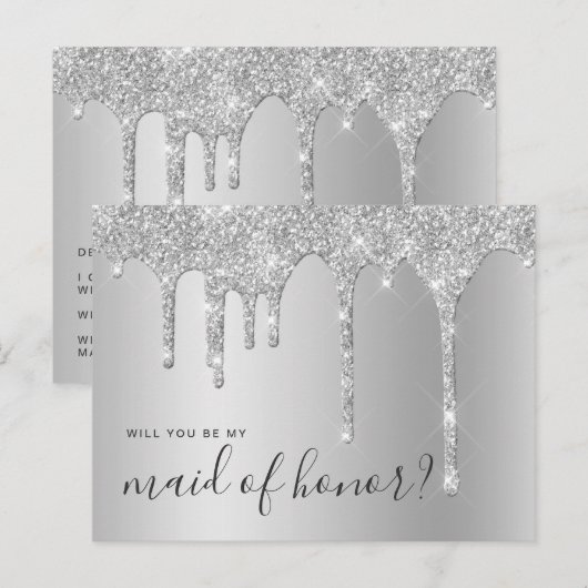 Zilveren druppels, zult u mijn bruidsmeisje zijn? uitnodiging briefkaart (Voorkant / Achterkant)