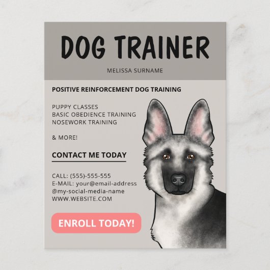 Zilveren Duitse Herder Hond Trainer Pet Service Flyer (Voorkant)
