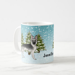 Zilveren Duitse Herdershond Winter Woud Met Naam Koffiemok