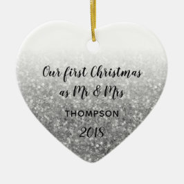 Zilveren eerste kerst als meneer en mevrouw getrou keramisch ornament