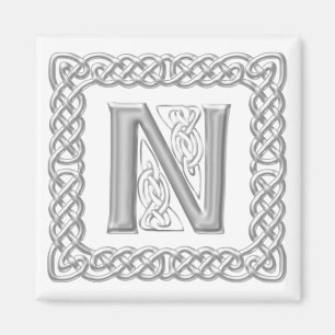 Zilveren Effect Keltische Knoop Monogram Letter N Magneet