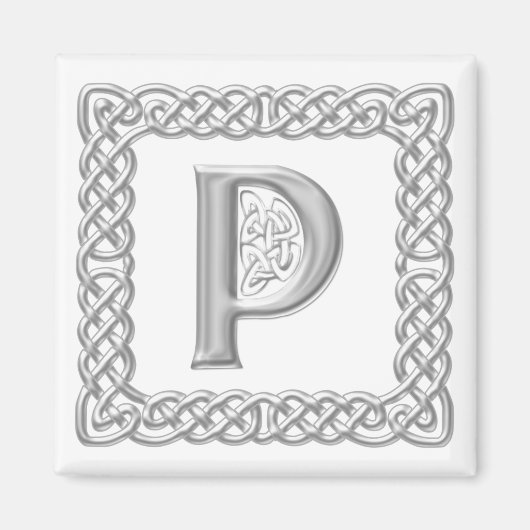 Zilveren Effect Keltische Knoop Monogram Letter P Magneet (Voorkant)
