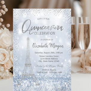 Zilveren Eiffeltoren Confetti Bokeh Quinceañera Kaart