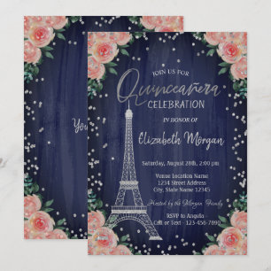 Zilveren Eiffeltoren Diamanten Bloemen Quinceañera Kaart