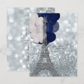 Zilveren Eiffeltoren met blauwe ballonnen Save the Aankondigingskaart (Voorkant / Achterkant)