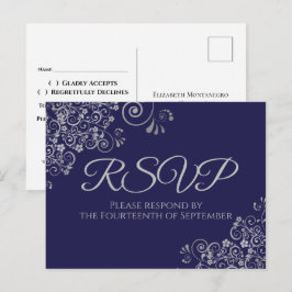 Zilveren Elegante Trouw-RSVP in marineblauw Briefkaart