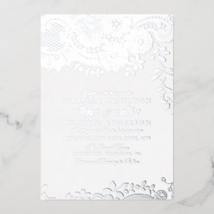 Zilveren elegante vintage kant trouwjurk folie uitnodiging