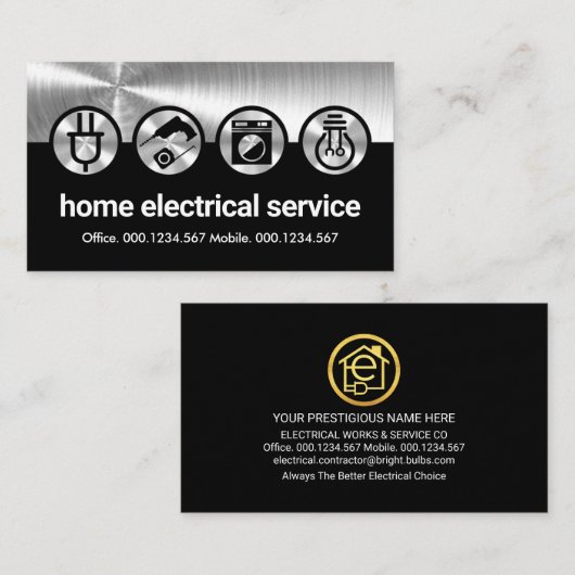 Zilveren elektrische pictogrammen op zwart visitekaartje (Voorkant / Achterkant)