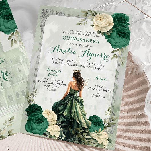 Zilveren Emerald Groen Kasteel Prinses Quinceañera Kaart