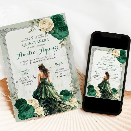 Zilveren Emerald Groen Kasteel Prinses Quinceañera Kaart