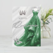 Zilveren Emerald Groene Sparkle Jurk Quinceañera Kaart (Staand voorkant)