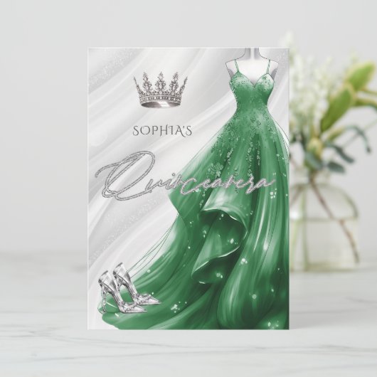 Zilveren Emerald Groene Sparkle Jurk Quinceañera Kaart (Staand voorkant)