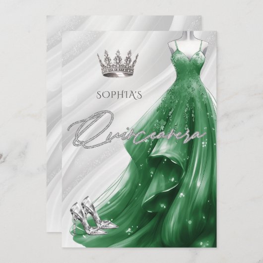 Zilveren Emerald Groene Sparkle Jurk Quinceañera Kaart (Voorkant / Achterkant)
