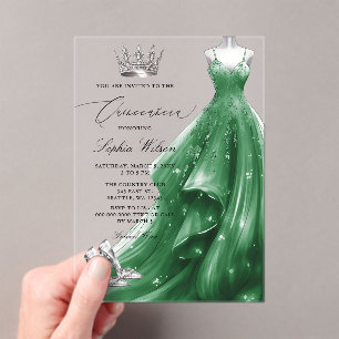Zilveren Emerald Jurk Prinses Quinceañera Acryl Uitnodigingen