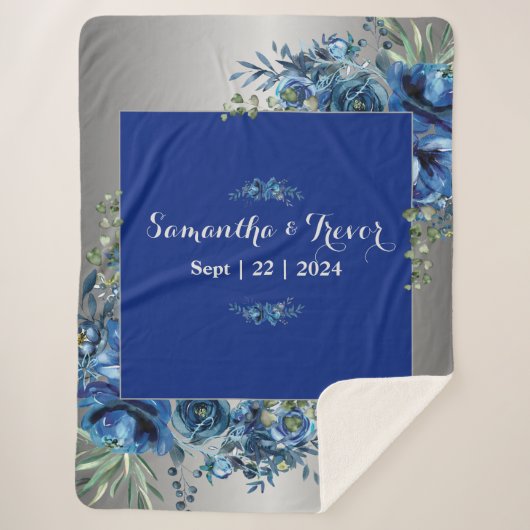 Zilveren en blauwe bloesems sherpa deken (Voorkant)