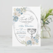 Zilveren en blauwe Boho Boy Eerste Heilige Communi Kaart (Staand voorkant)