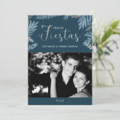 Zilveren en blauwe Felices Fiestas Foto Kerstkaart (Staand voorkant)