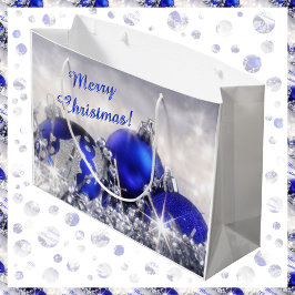 Zilveren en blauwe kerst grote geschenk tas large cadeautasje