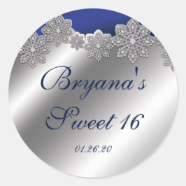 Zilveren en blauwe kristallen sneeuwvlok wintersti ronde sticker