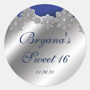 Zilveren en blauwe kristallen sneeuwvlok wintersti ronde sticker