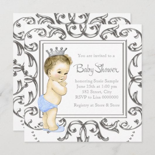 Zilveren en blauwe prins Baby shower Kaart (Voorkant / Achterkant)