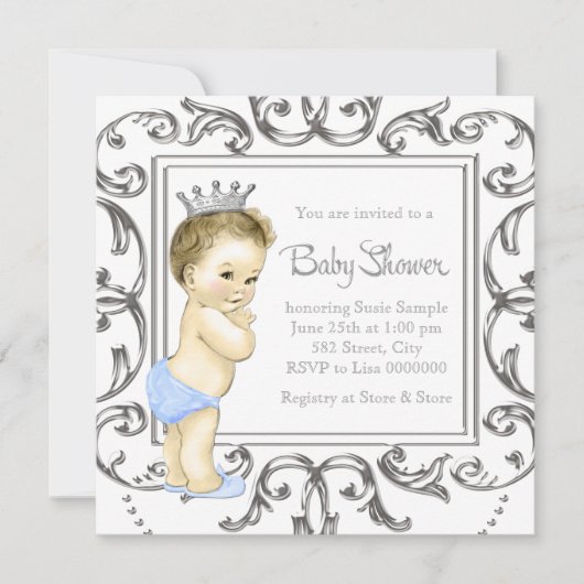 Zilveren en blauwe prins Baby shower Kaart (Voorkant)