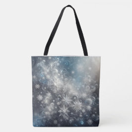 Zilveren en blauwe sneeuwvlok winter tote bag