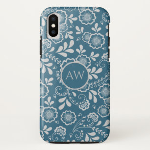 Zilveren en blauwe Victoriaanse bloemen kant monog Case-Mate iPhone Case