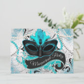 Zilveren en Blauwgroen Blue Masquerade Party Kaart (Staand voorkant)