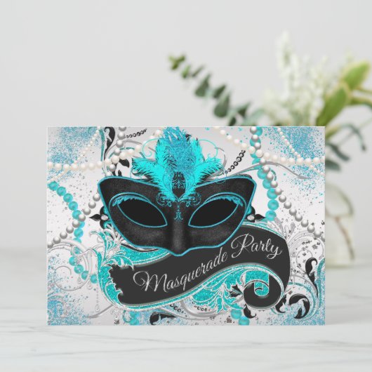 Zilveren en Blauwgroen Blue Masquerade Party Kaart (Staand voorkant)