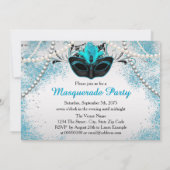 Zilveren en Blauwgroen Blue Masquerade Party Kaart (Achterkant)
