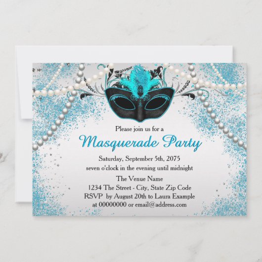 Zilveren en Blauwgroen Blue Masquerade Party Kaart (Achterkant)